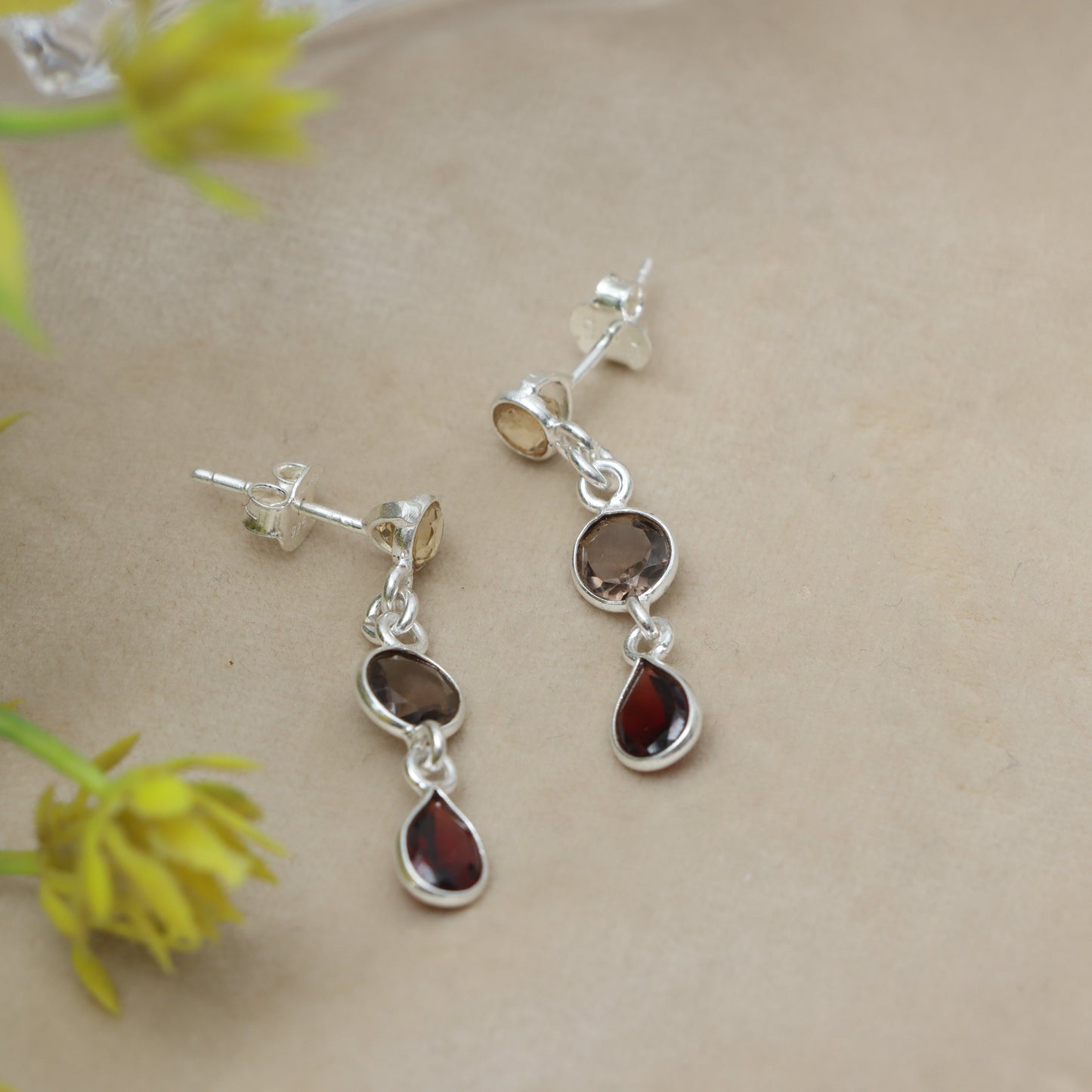 Citrine, Smokey & Garnet Mix Birthstone Dangle Earrings for Women - November, June & January Birthstones