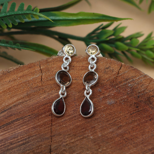 Citrine, Smokey & Garnet Mix Gemstone Dangle Earrings for Women - November, June & January Birthstones