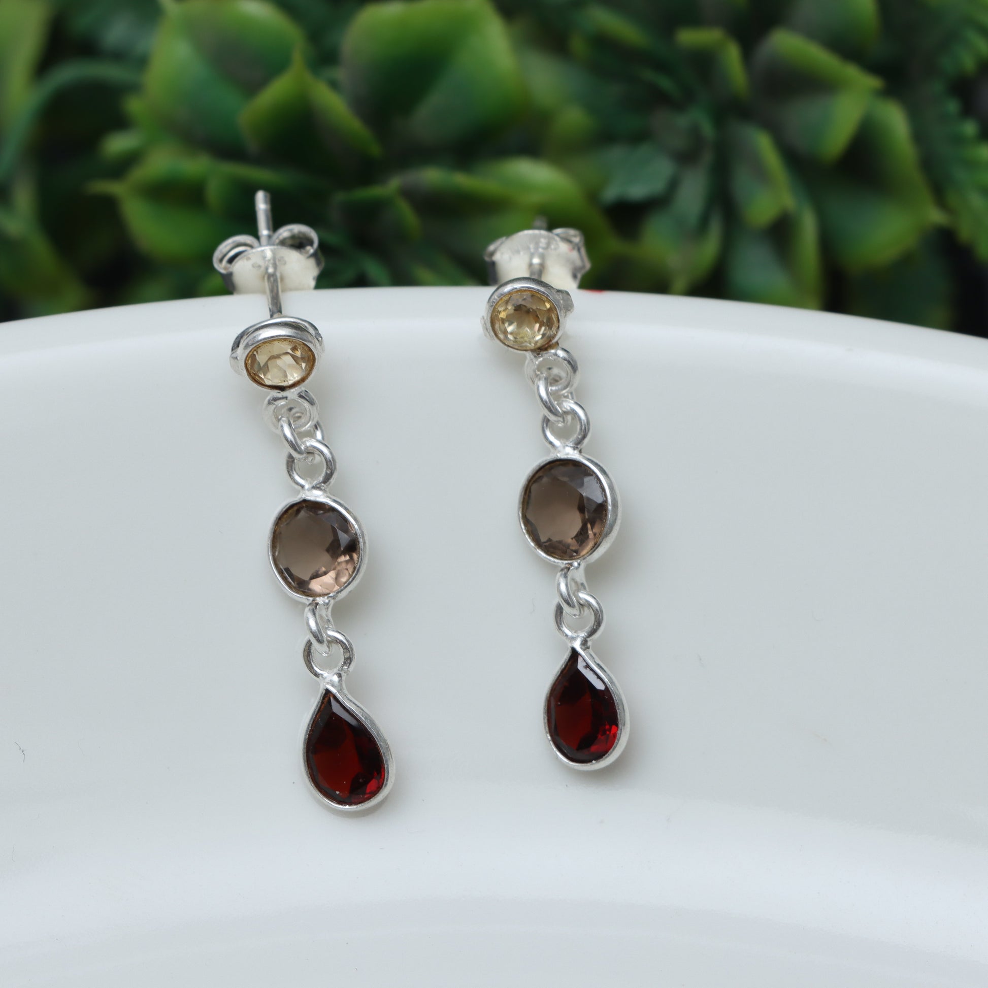 Citrine, Smokey & Garnet Mix Gemstone Dangle Earrings for Women - November, June & January Birthstones