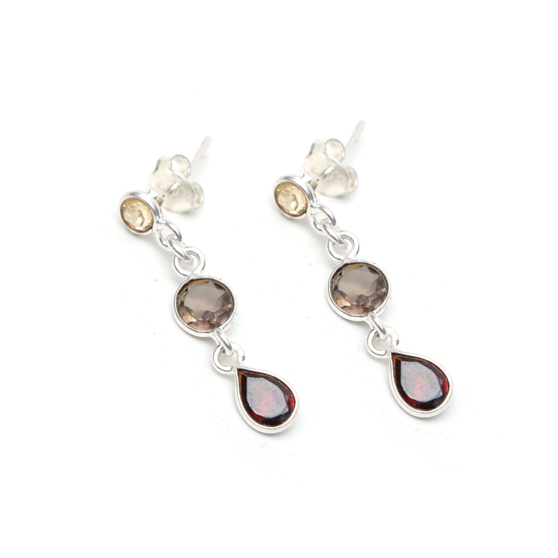 Citrine, Smokey & Garnet Mix Gemstone Dangle Earrings for Women - November, June & January Birthstones