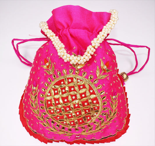 D'ETHNIC Handmade Gotta Patti Work Pink Potli Bag for women 022