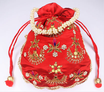 D'ETHNIC Handmade Gotta Patti Work Red Potli Bag for women 044