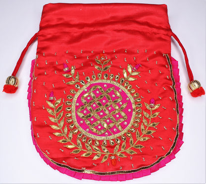 D'ETHNIC Handmade Gotta Patti Work Red Potli Bag for women 054