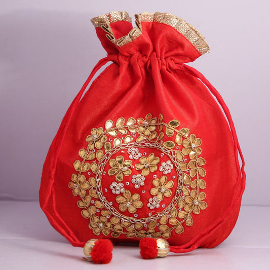 D'ETHNIC Handmade Gotta Patti Work Red Potli Bag for women 014