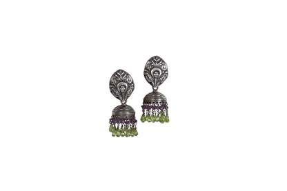 JAIPURWALA AMETHYST & PERIDOT OXIDIESED SILVER JHUMKA EARRING